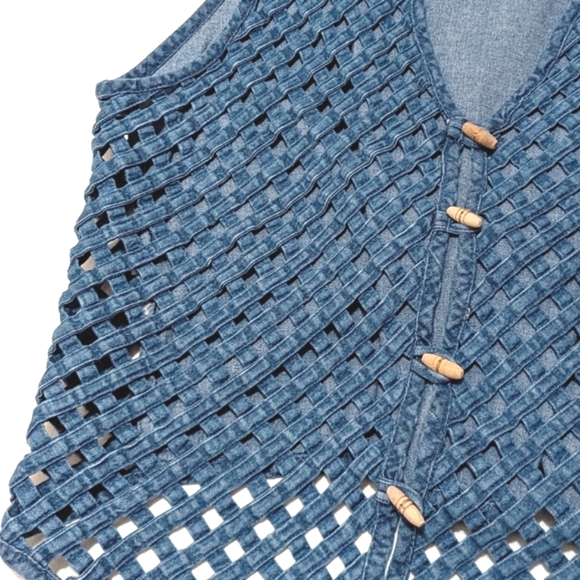 Vintage | Speed Limit MPH | Denim Vest | Tie Back | Wooden Button Closures - Picture 3 of 5